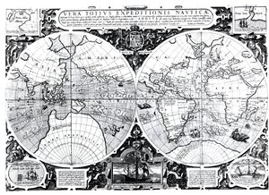 Weltkarte; Vera Totius Expeditionis Nauticae, Kartierung der Weltumsegelung von Sir Francis Drake (1540-96) und Thomas Cavendish (1560-92) um 1595